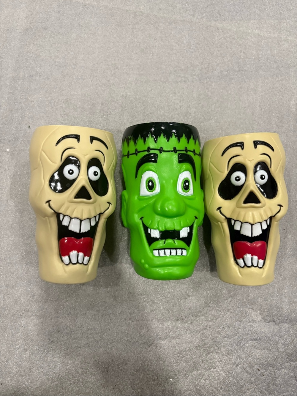 Halloween Skull and Frankenstein Blow Mold Cups- Beige and Green Like new
